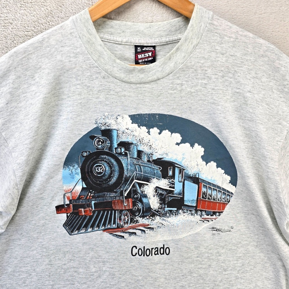 Vintage 90s Locomotive Train Engine Shirt Mens XL Gray Colorado USA Best